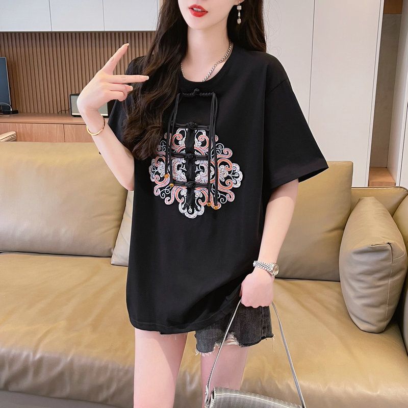Real photo of large-size short-sleeved T-shirt women's summer new Chinese style design bow embroidered top