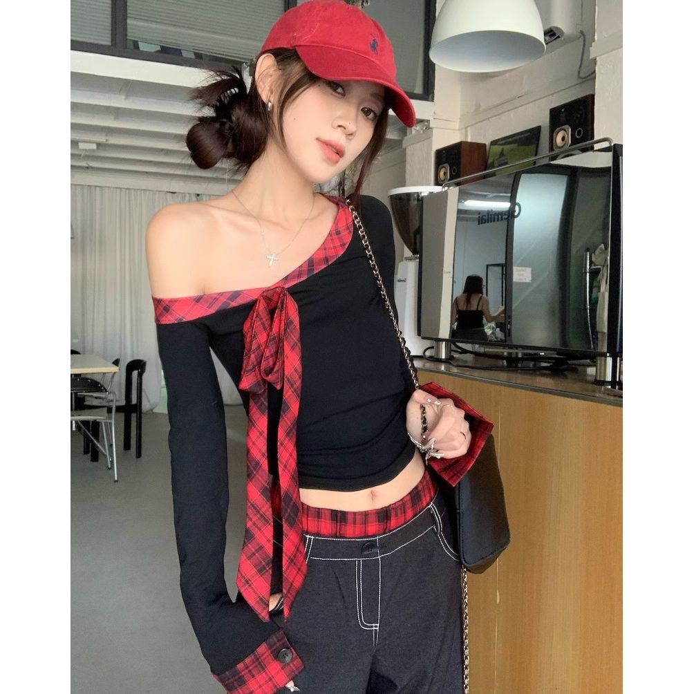 Hot girl style bow slanted shoulder long sleeve T-shirt for women in autumn niche slim fit slim and off-shoulder top
