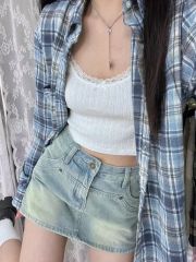 Non-shooted lazy style blue grid cardigan coat new loose collared shirt design sense high-end top