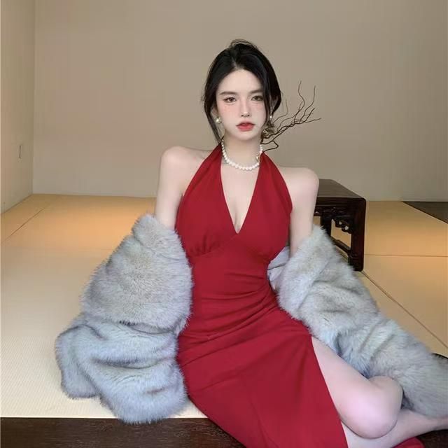 港風復古酒紅色無袖性感露背開叉掛脖吊帶連衣裙海邊度假沙灘長裙