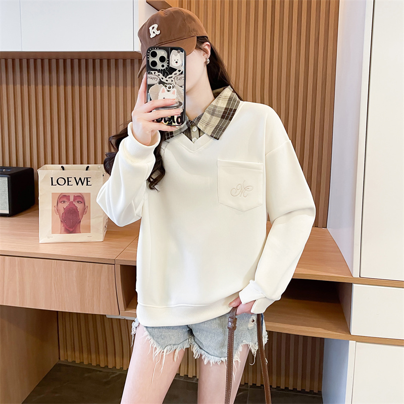 Real shot of polo neck fake two-piece sweatshirt for women's new spring and autumn fashionable age-reducing loose design top trendy