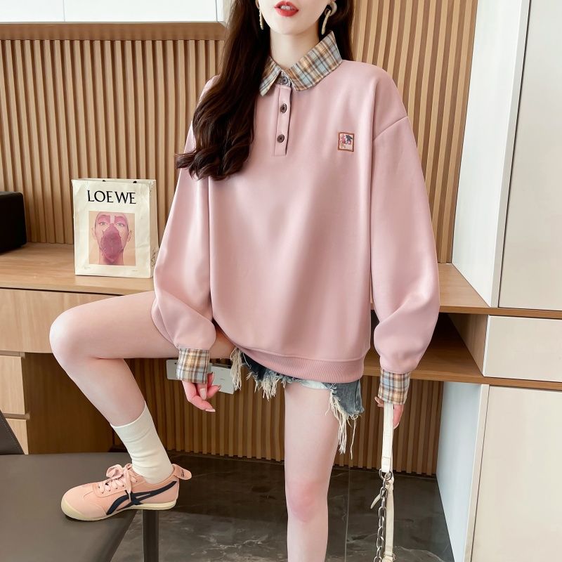 Real shot of polo two-piece sweatshirt for women's new spring and autumn fashionable age-reducing loose large-size women's tops trendy