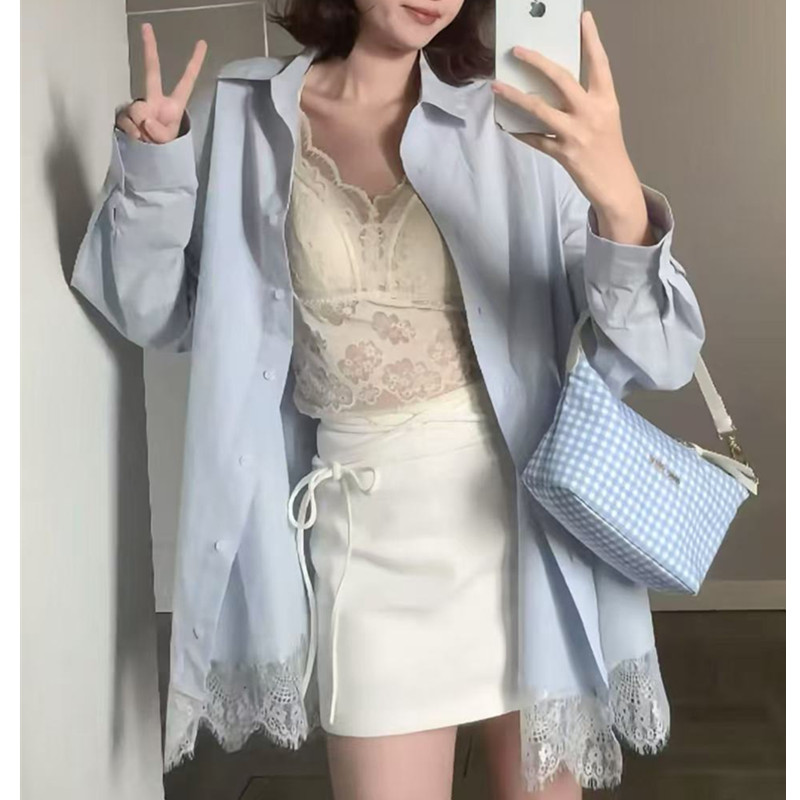 非實拍 藍色polo領蕾絲拼接襯衫春新款小眾設計寬鬆遮肉襯衣