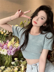 夏別致設計感小眾純欲甜辣妹性感露背針織短袖t恤女綁帶短款