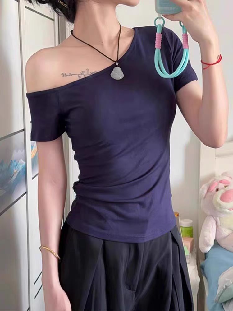 韓國chic純棉設計感露肩顯瘦修身短袖T恤女夏季辣妹小眾斜肩上衣