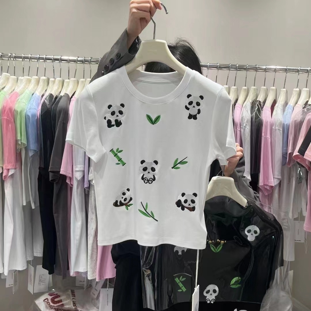 國風刺繡小熊貓短袖T恤女夏2025新款設計感小眾短款正肩上衣