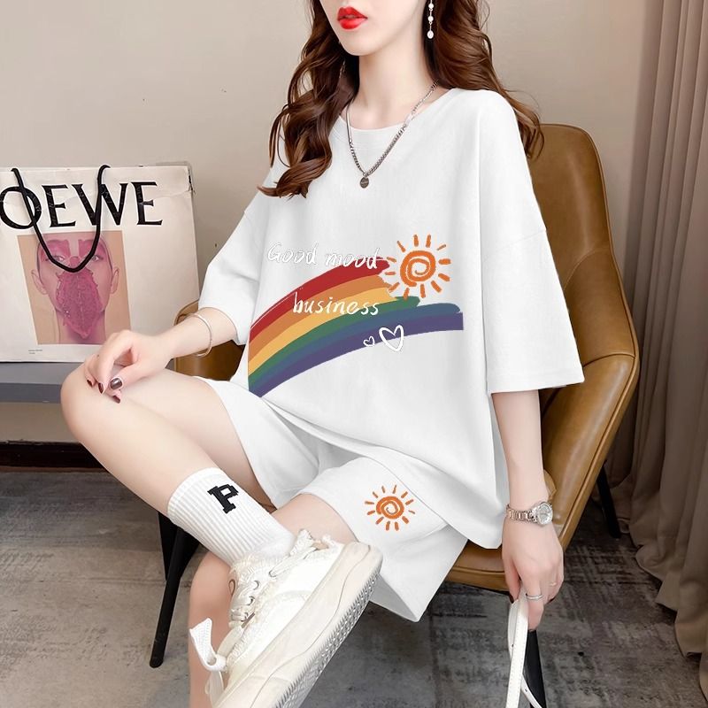 Real photos and smooth cotton casual sportswear suits for summer new style student shorts T-shirts large size two-piece set women's fashion