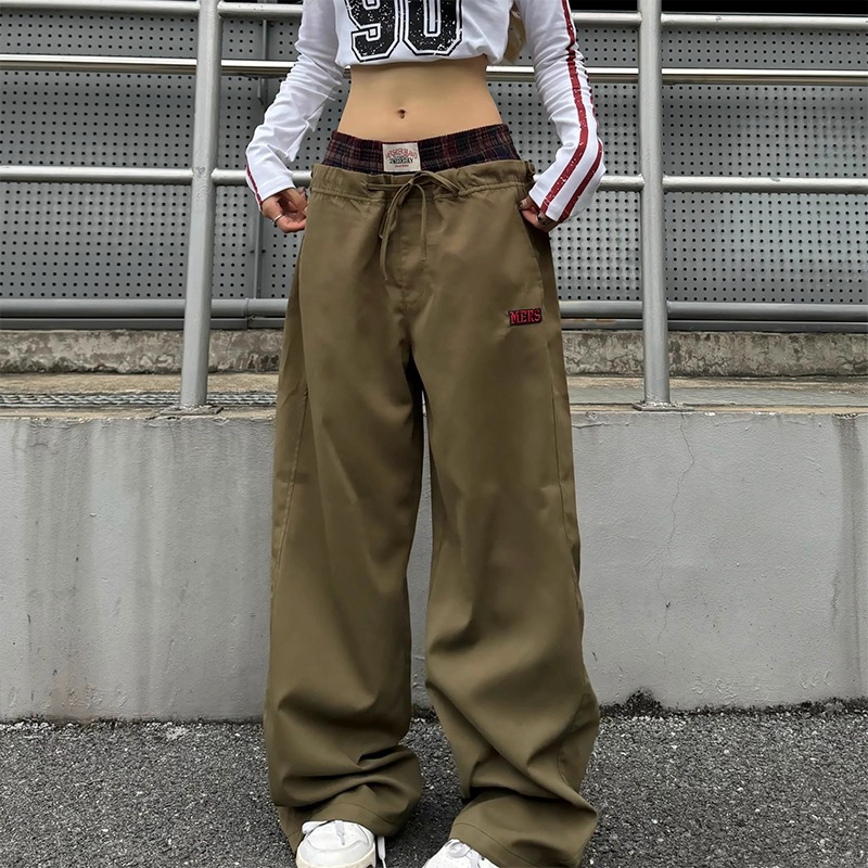 韓國chic春夏新款美式復古雙腰新款寬鬆直筒闊腿長褲子女休閒褲潮