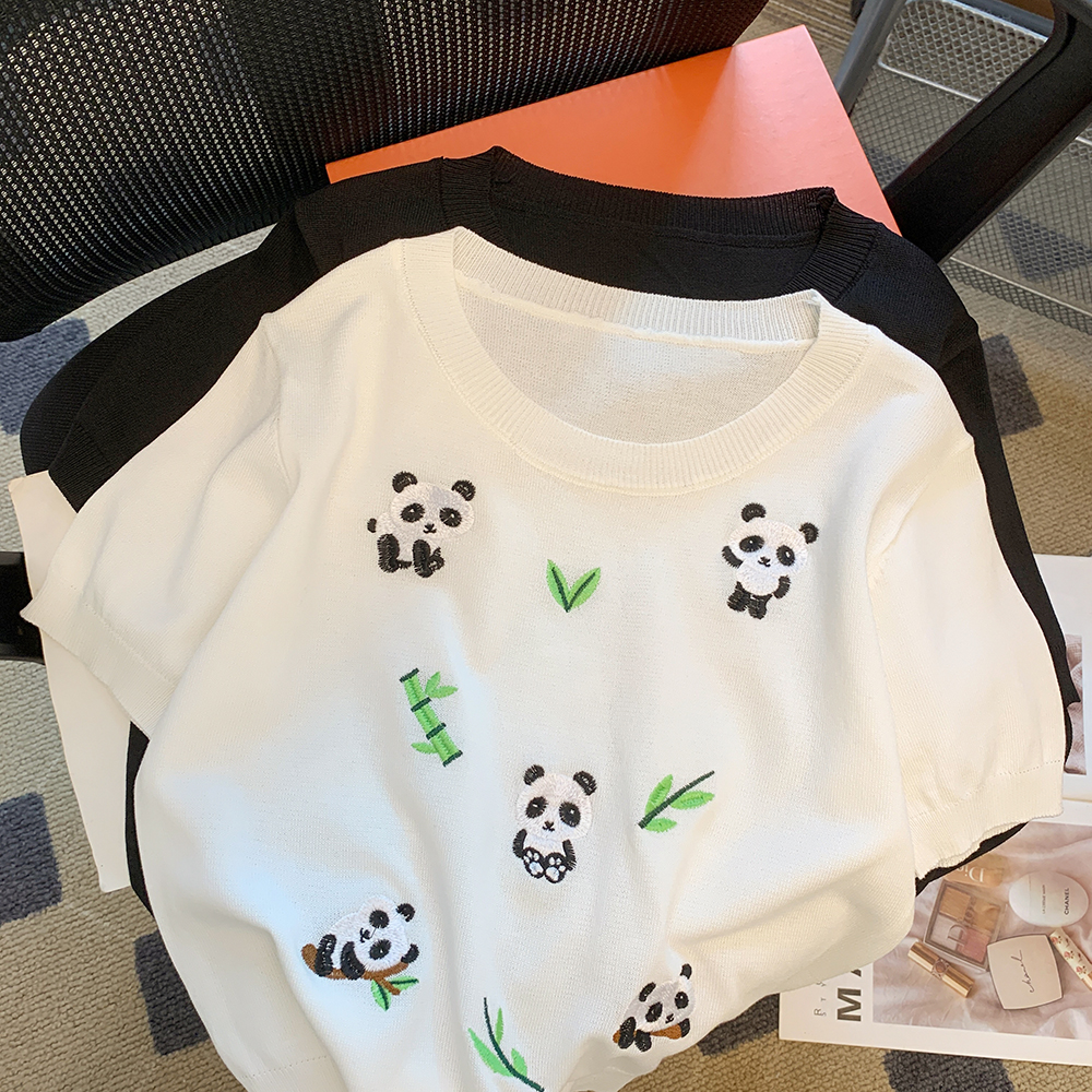實拍國風刺繡小熊貓短袖T恤女夏新款設計感小眾短款正肩上衣