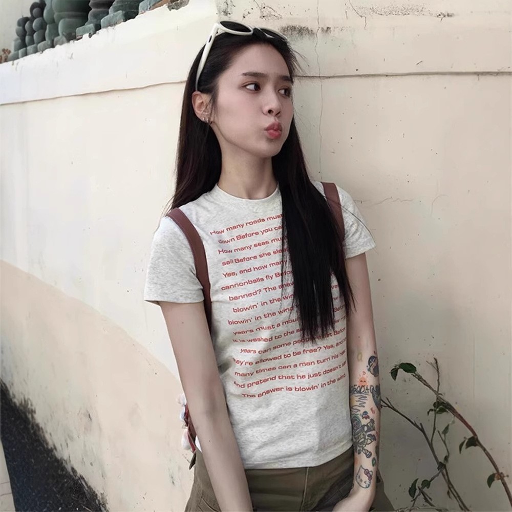 韓國chic純棉後包領夏季新款韓版美式印花修身高彈辣妹短袖T恤女