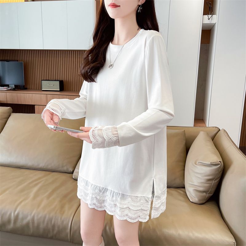 Real photos of German velvet lace splicing fake two-piece cartoon long-sleeved T-shirt for women's spring and autumn new loose top