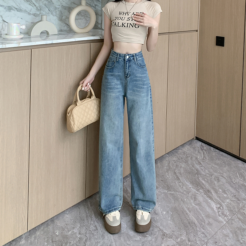 Real shot~Washed narrow version straight jeans for women in summer new retro high waist loose slimming wide-leg pants