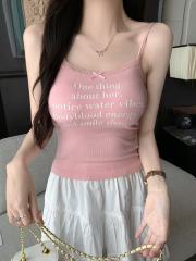 非實拍 純色百搭辣妹字母印花蝴蝶結設計感修身蕾絲邊吊帶潮