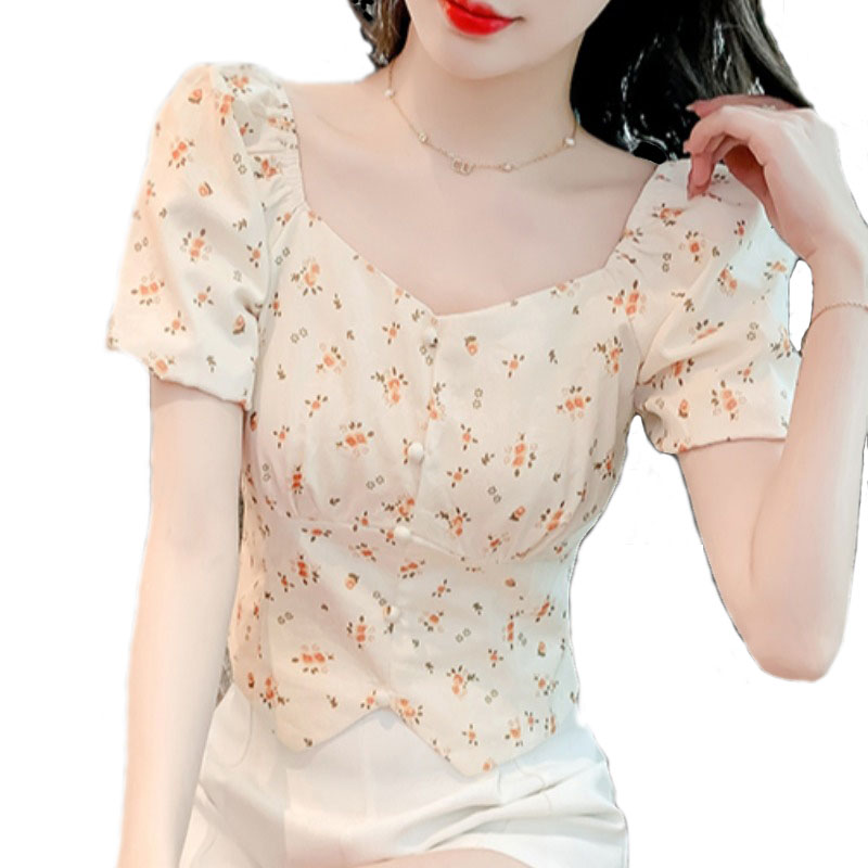 Original French square collar floral short-sleeved shirt for women 2025 summer new style versatile slim body