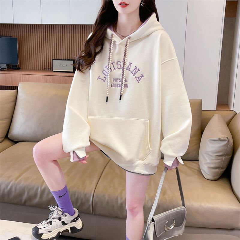 Real photos of Huamian, fake two-piece design-sensing niche hooded sweatshirt for women's coat new spring, autumn and winter fashionable top