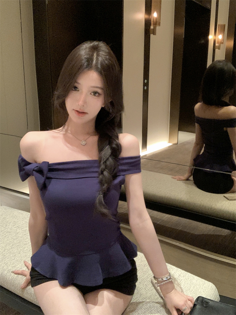 實拍 設計感氣質純欲辣妹手縫立體蝴蝶結一字肩上衣
