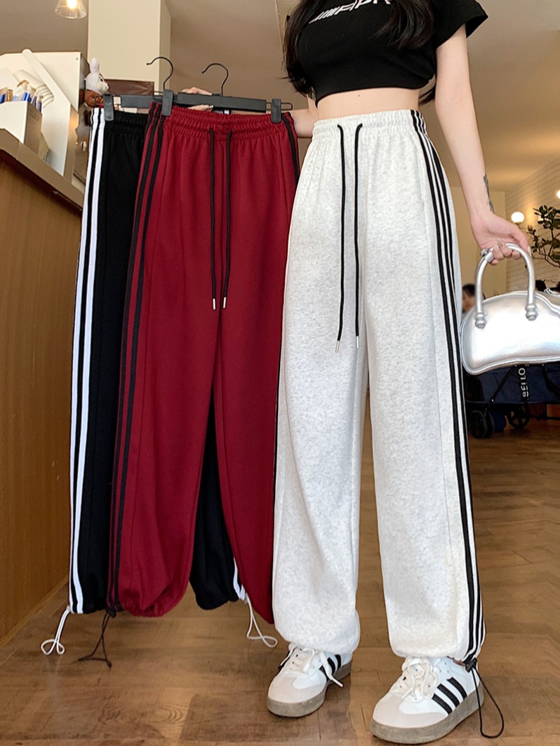 Real shot of Gaomi Minnie white and gray striped pants for women new wide-leg straight-leg pants casual loose sports pants