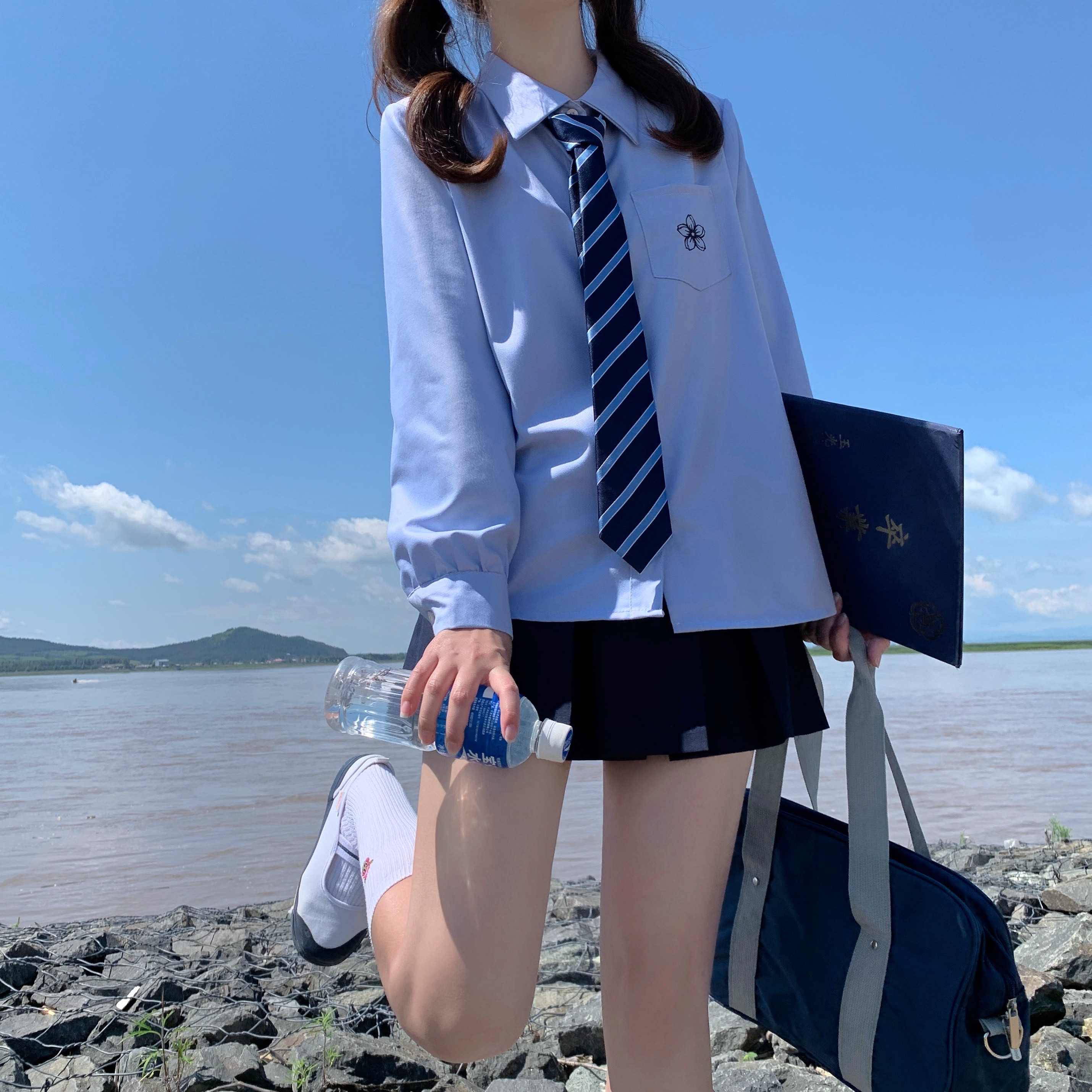 God Club original jk shirt long sleeve cherry blossom white blue Japanese college style embroidered shirt women's short sleeves