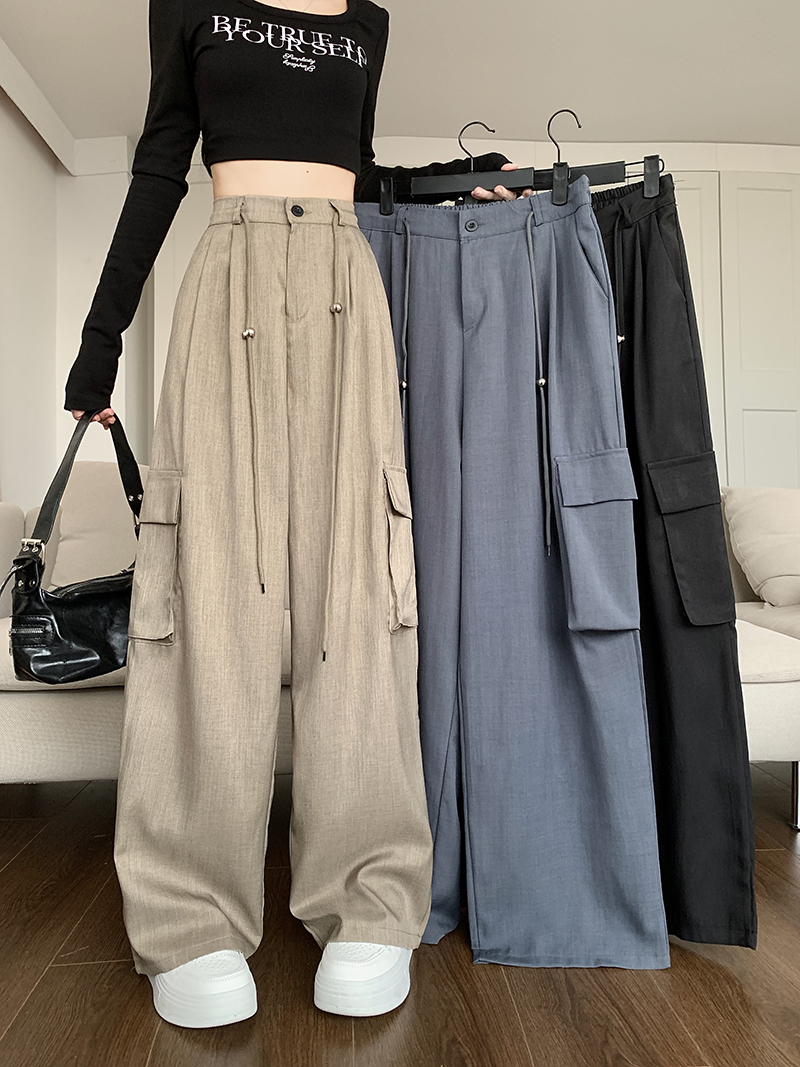 Real shot of American-style work pants with large size women's casual pants straight-down and loose wide-leg pants