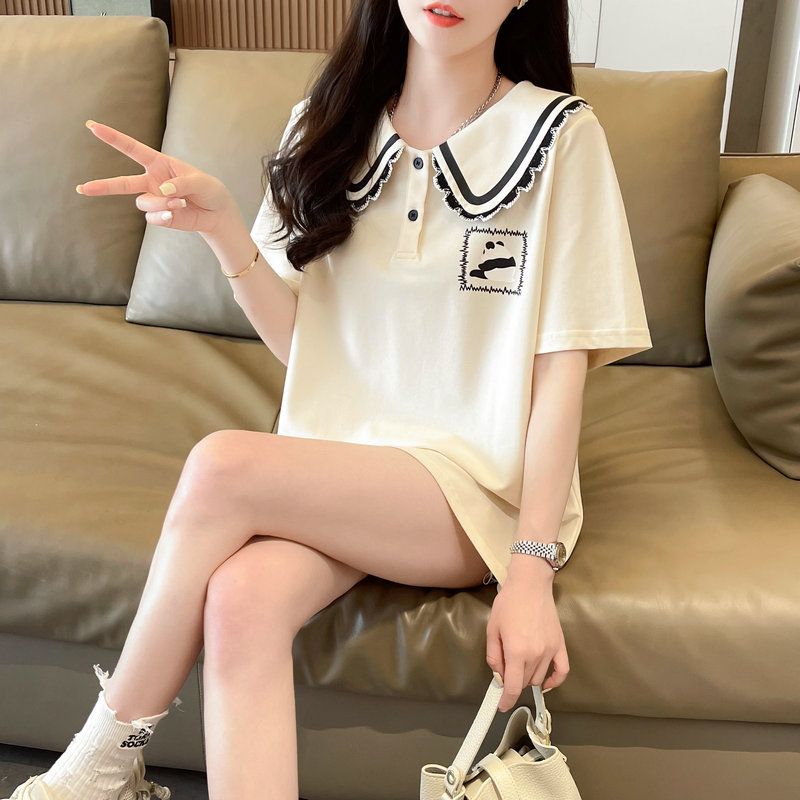 Real shot of polo neck short-sleeved T-shirt women's summer new loose Korean style fashionable design large-size top