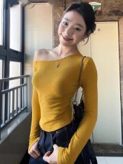 Chic 2025 Spring New American Hot Girl Yellow Asymmetrical Off-the-Shoulder Long-Sleeve T-Shirt for Women