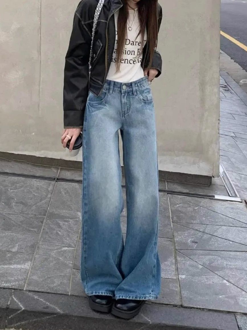 韓國chic美式復古直筒牛仔褲春季水洗高腰寬鬆小個子闊腿拖地褲子
