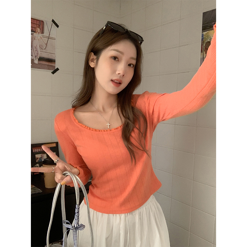 Real photo of orange low round neck bottoming shirt in spring and summer pure temperament with pit striped short top