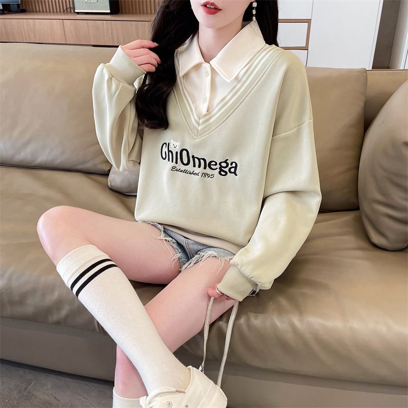 Real shot of polo neck fake two-piece sweatshirt for women's new spring and autumn fashionable age-reducing loose design top trendy