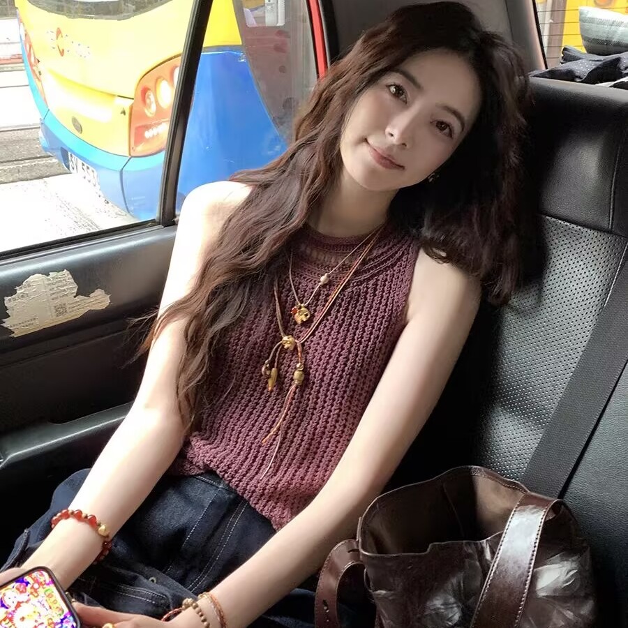 Xia Shiwen 2025 Linen Cotton Knitted Round Neck Loose and Lazy Hollow Vest Spring Ambience Sleeveless Top