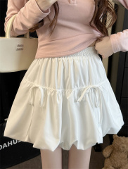 實拍 設計感蝴蝶結綁帶蓬蓬裙白色半身裙甜美風A字短裙花苞裙
