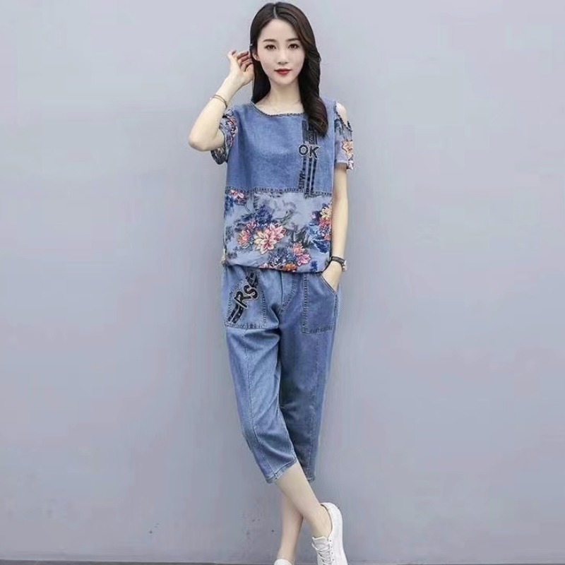 2025 summer new large-size women's clothing fashionable suit fat girl looks slim and casual imitation denim cropped pants