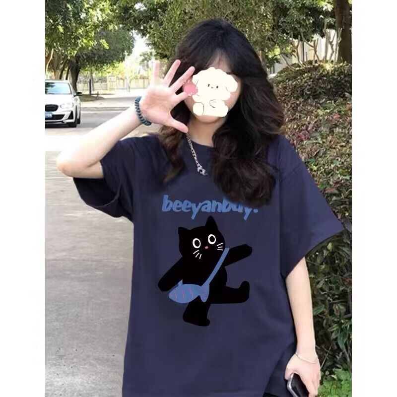 Pure cotton large-size women's T-shirt spring and summer new design Korean loose short-sleeved cartoon printed T-shirt top for women