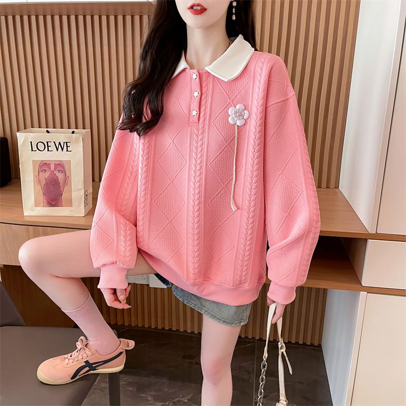 Real shot of polo neck jacquard sweatshirt for women's new spring and autumn fashionable age-reducing loose design top trendy