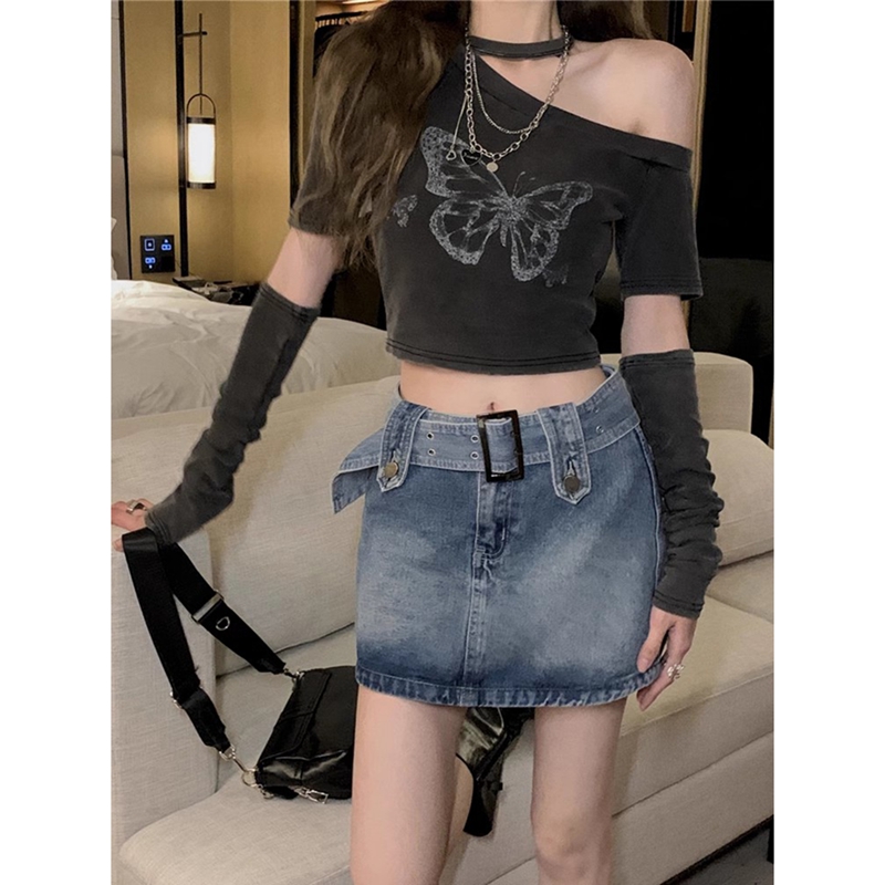Official original method of modal cotton ribbed sleeve European and American windbreaker halter neck T-shirt
