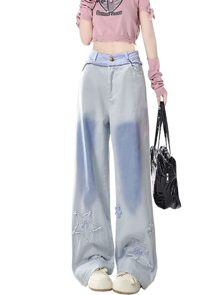 American retro splicing design breasted star jeans for women with high waist loose straight drape wide-leg floor trousers
