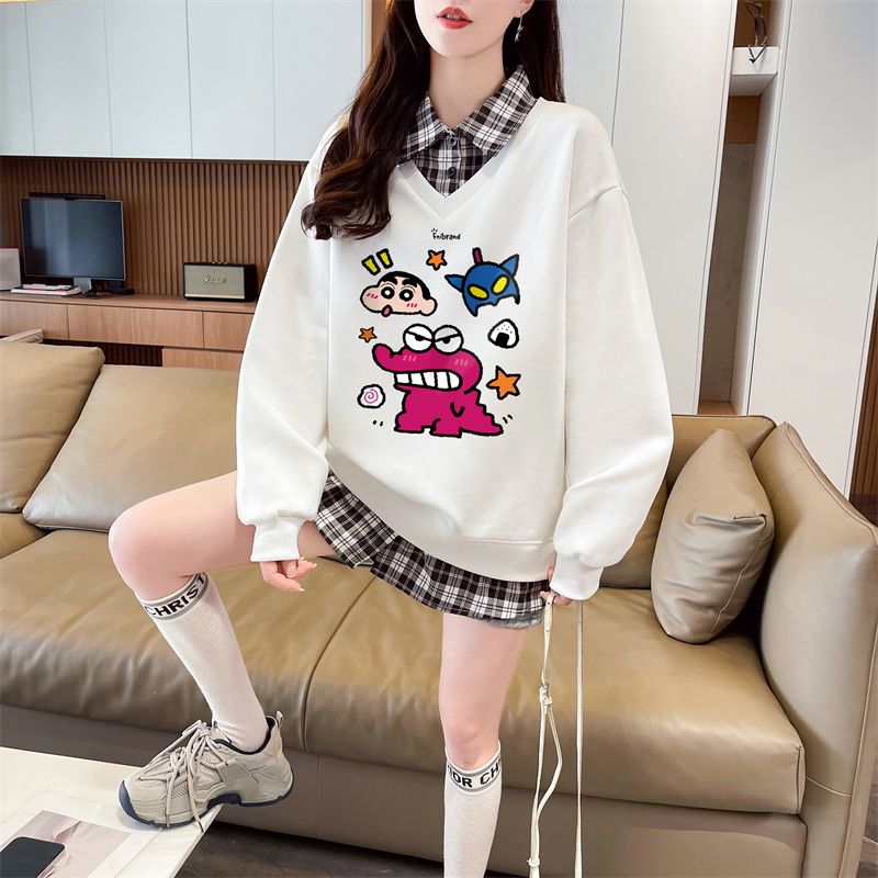 Real shot of plaid polo neck fake two-piece sweatshirt for women's new spring and autumn fashionable age-reducing loose design top