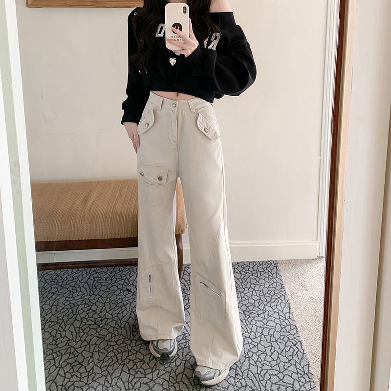 Real photo~ New American design multi-pocketed straight-leg high-waisted jeans for women's floor-moving work pants