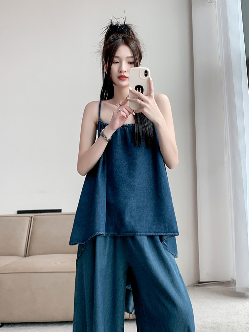 Real shot~ Denim suit hot girl loose suspender vest top for women in summer casual wide-leg pants two-piece set