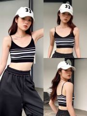 Contrast color striped knitted suspender vest for women summer hot girls with breast pad beautiful back short top