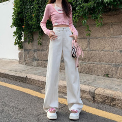 米白色牛仔褲女夏季款百搭韓版闊腿褲高腰V線拼接顯瘦窄版直筒褲