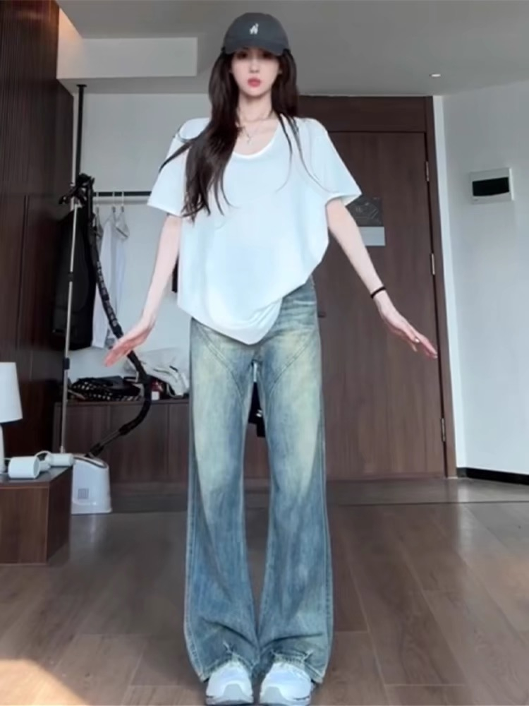 美式復古直筒牛仔褲女夏季薄款高腰寬鬆小個子窄版闊腿拖地褲子潮