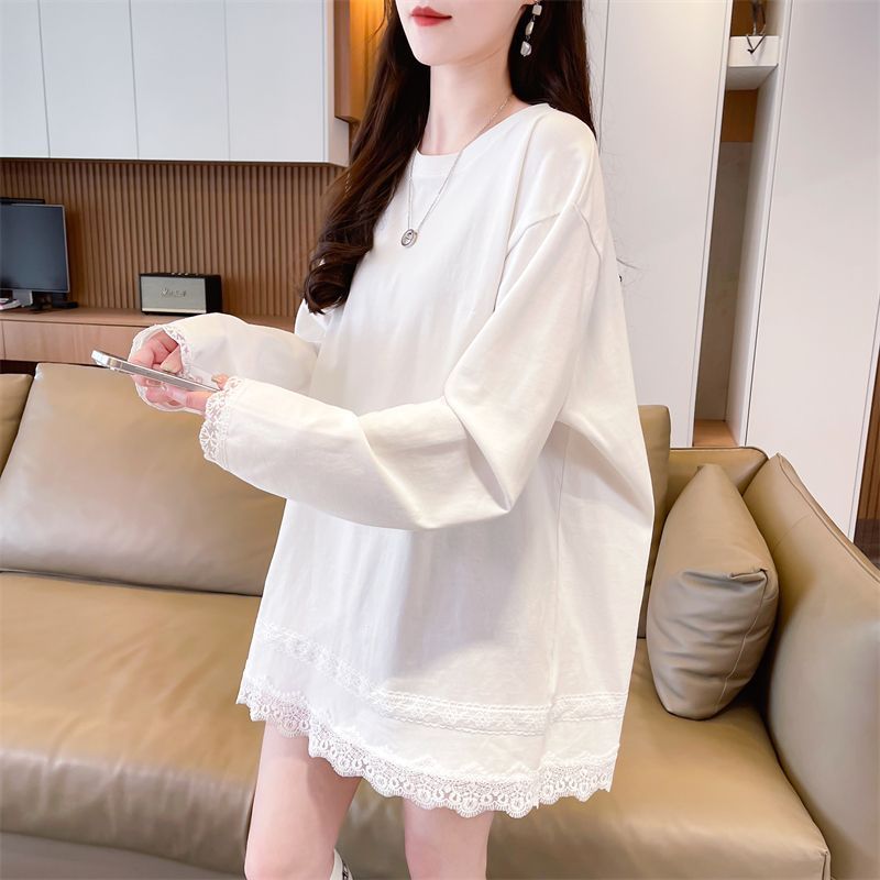 Real photos of German velvet lace splicing fake two-piece cartoon long-sleeved T-shirt for women's spring and autumn new loose top
