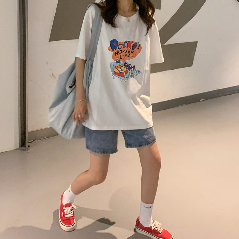 #Pure cotton 200g new vintage fun cartoon short-sleeved T-shirt for women in summer Hong Kong flavor chic literary student