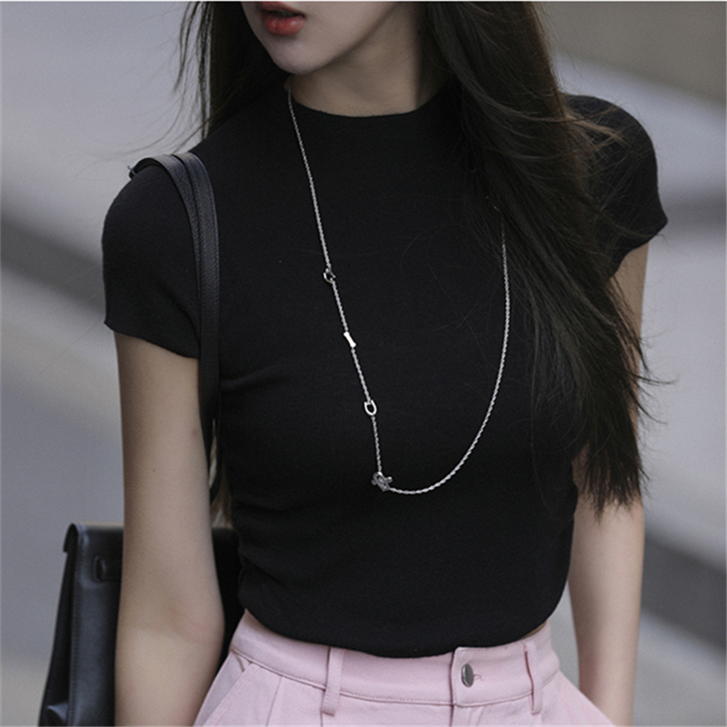 Arc hem side pleated design pink knitted T-shirt for women slim short-sleeved top ABOUT POEM