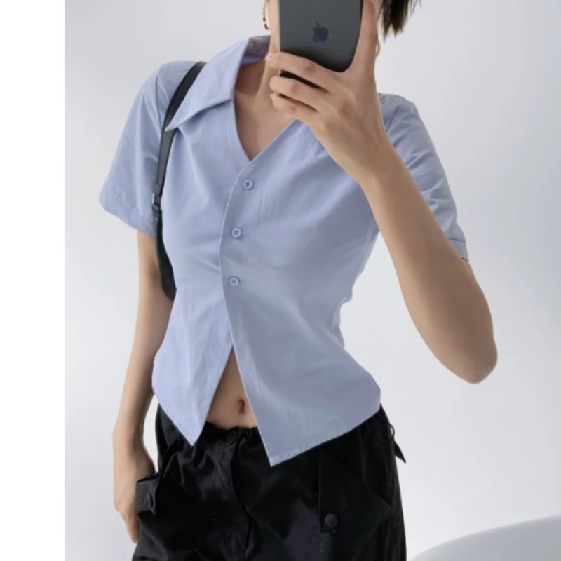 Sweet and cool hot girl slim solid color V-neck waist short-sleeved shirt for women in summer, women's European and American slim bottoming top
