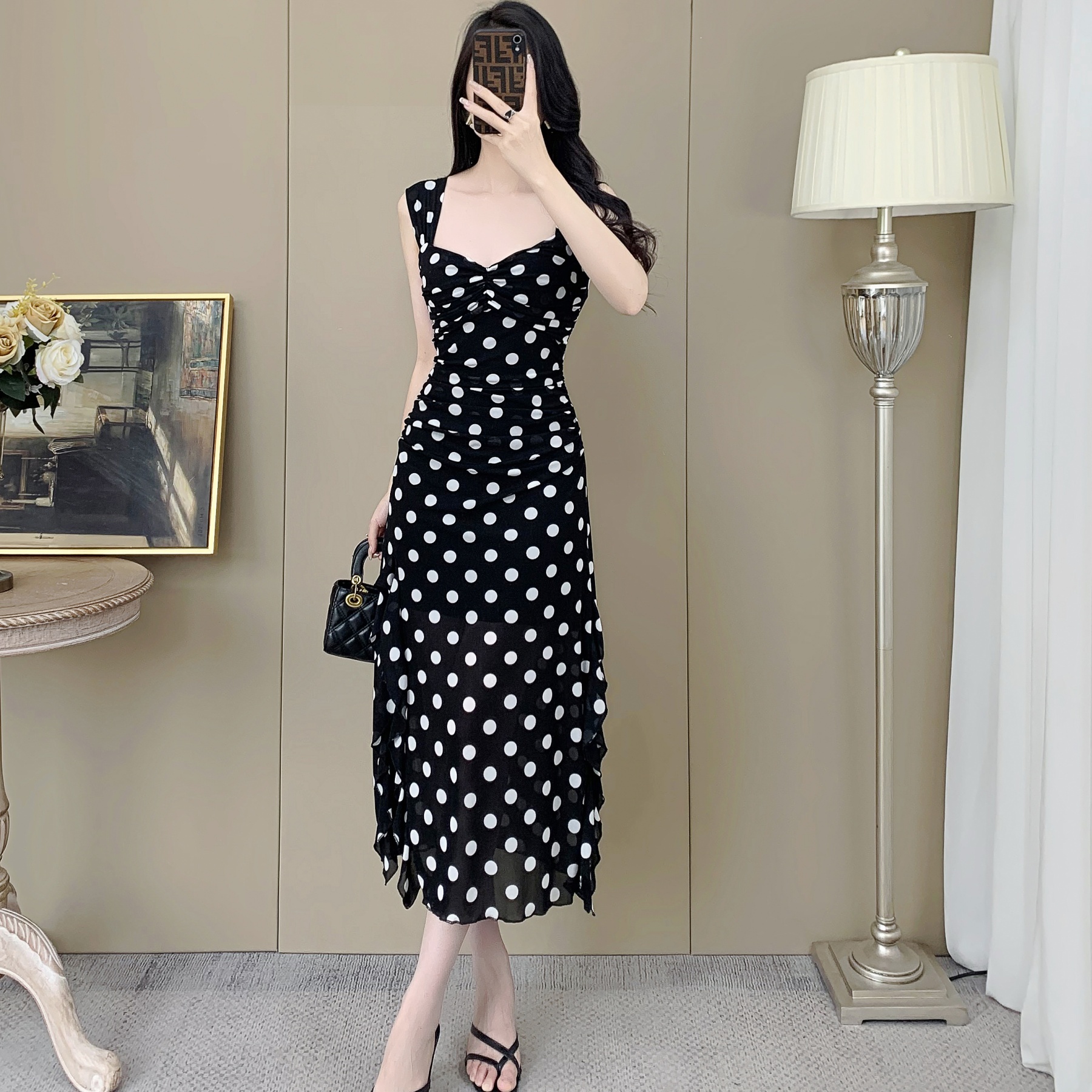 Real photos of foreign trade summer polka dot print waist-hugging temperament commuting long skirt suspender sexy slit dress
