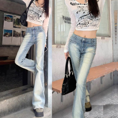 復古懷舊低腰微喇叭牛仔褲女春夏辣妹設計感高街撞色拖地馬蹄褲