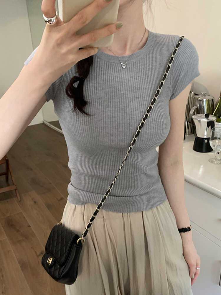 Large-size round neck solid color slim elastic knitted short-sleeved T-shirt for women in spring and summer new fashionable age-reducing slimming top