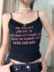 非實拍 辣妹風字母印花蕾絲邊蝴蝶結修身小吊帶上衣帶胸墊潮