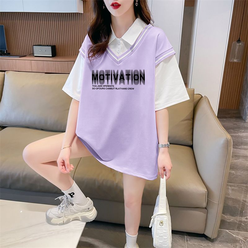 Real shot of polo neck fake two-piece T-shirt large-size women's new summer fashionable age-reducing loose short-sleeved top trendy
